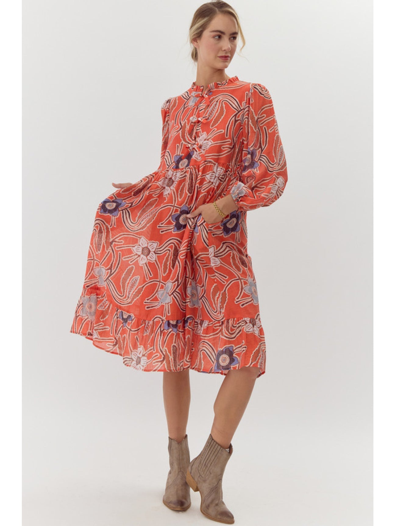 Alyssa• Orange Floral Midi Dress