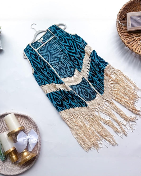 Jade• Zebra Teal Vest with Tassels