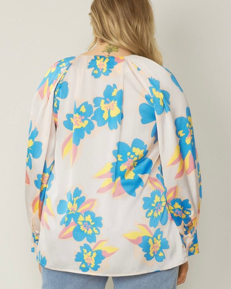 Angela• Floral Satin Long Sleeve Blouse