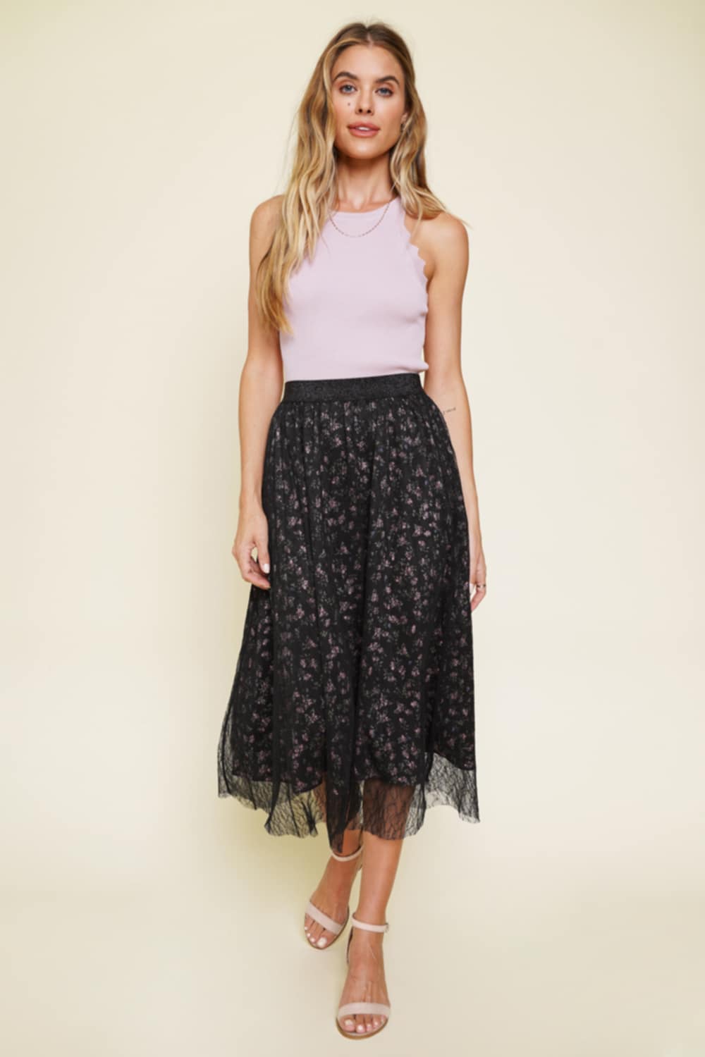 Tina• Black Floral and Lace Midi Skirt