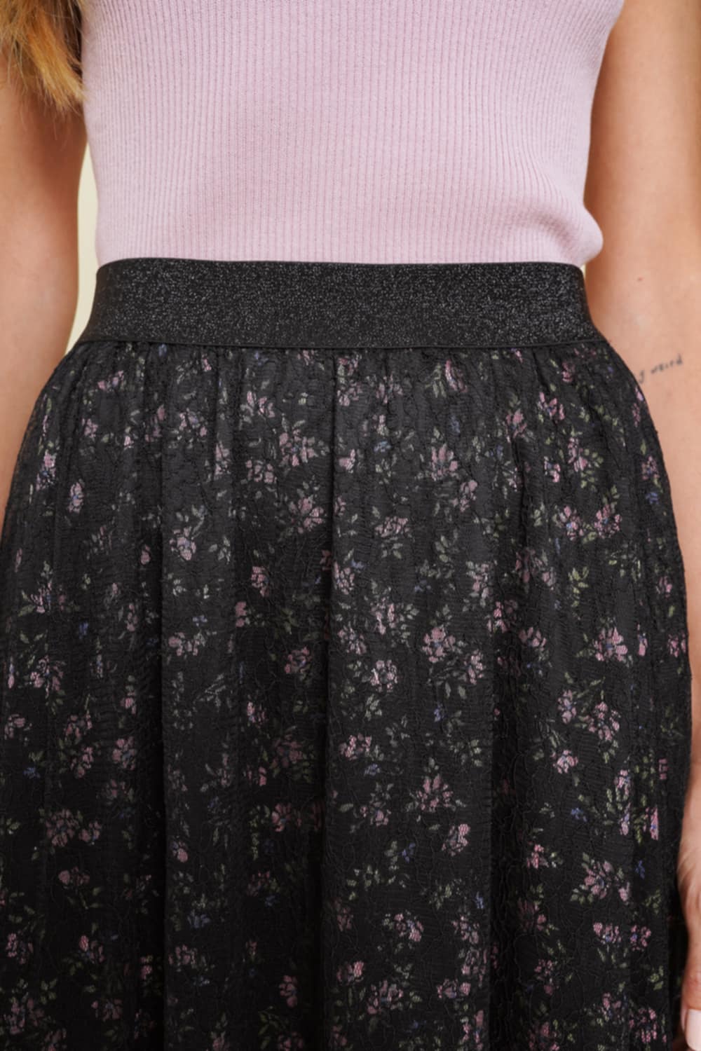 Tina• Black Floral and Lace Midi Skirt