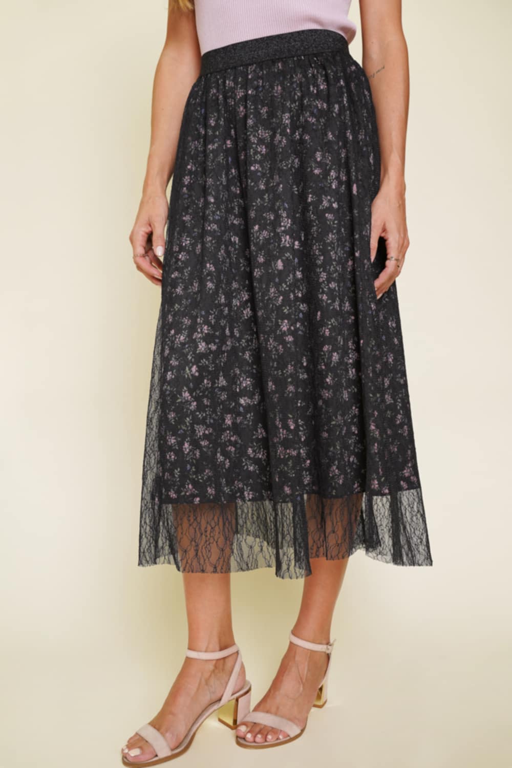 Tina• Black Floral and Lace Midi Skirt