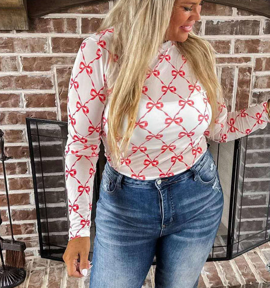 Pink Bow Print Mesh Top