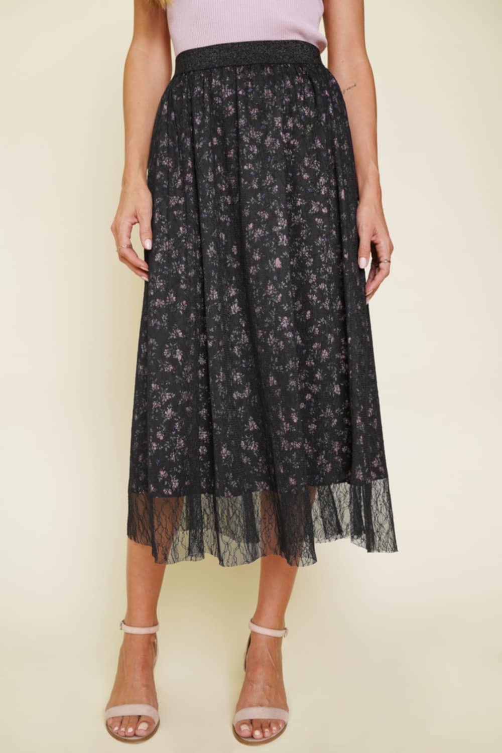 Tina• Black Floral and Lace Midi Skirt