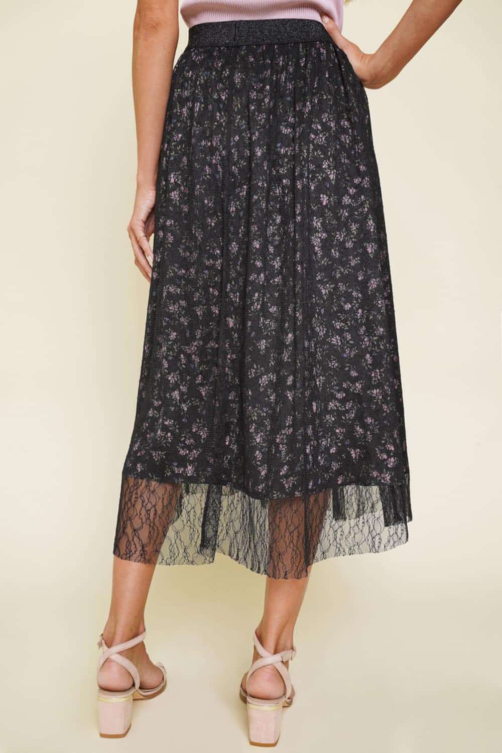 Tina• Black Floral and Lace Midi Skirt