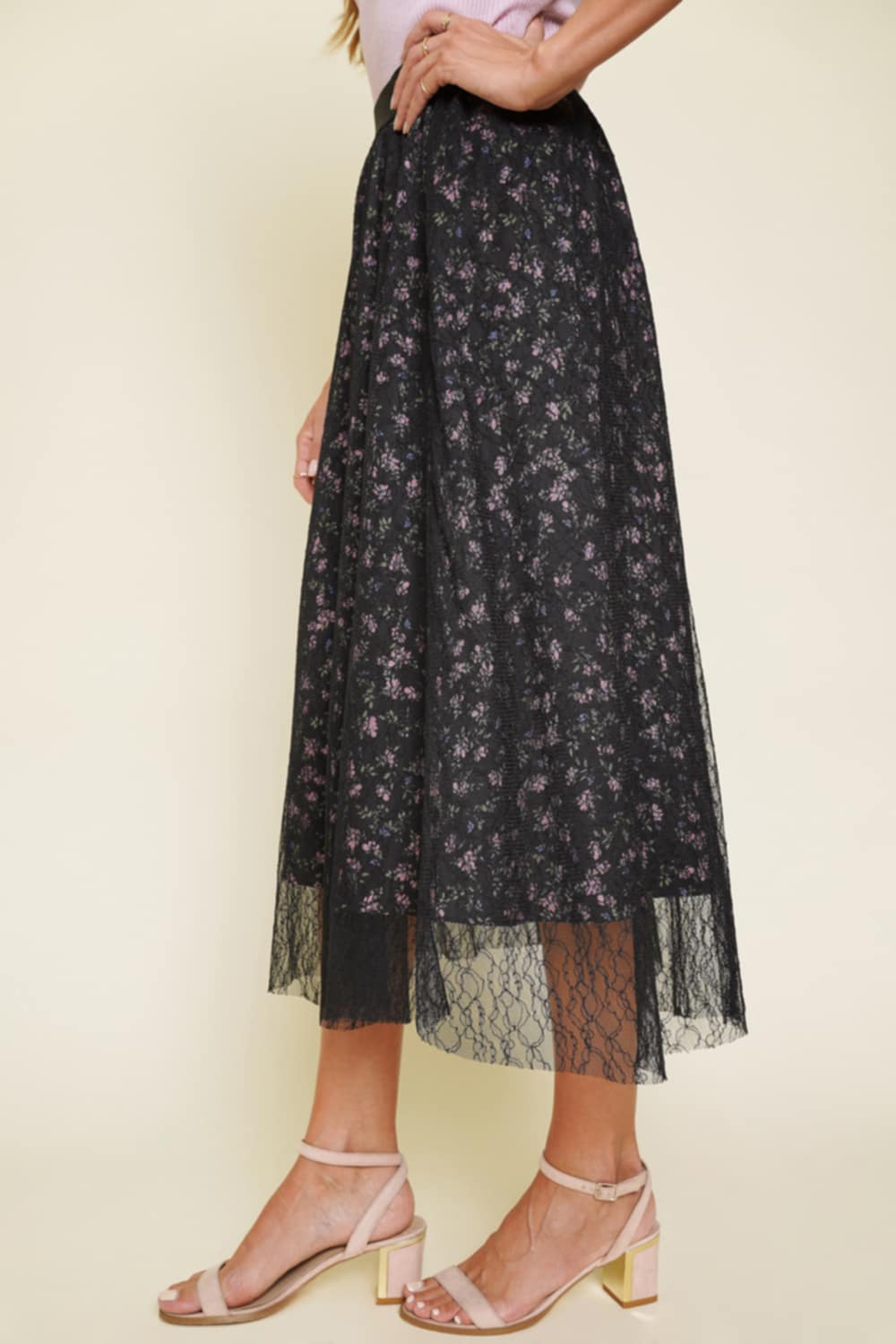 Tina• Black Floral and Lace Midi Skirt