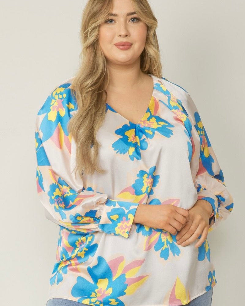 Angela• Floral Satin Long Sleeve Blouse